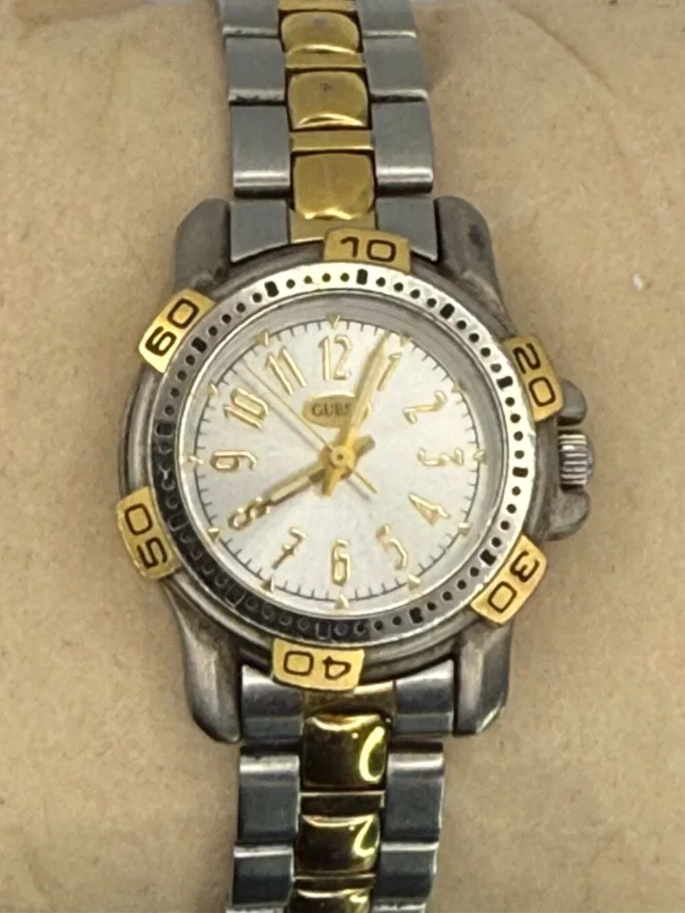 Vintage 1990's Guess Waterproof Two Tone Gold and Silver Womens watch 6in band
